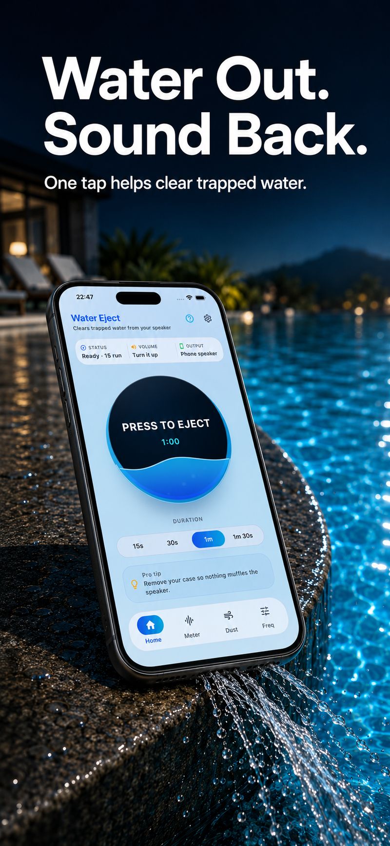 AquaDry Water Eject home screen with a large press-to-eject button and selectable cleaning durations from 15 seconds to 1 minute 30