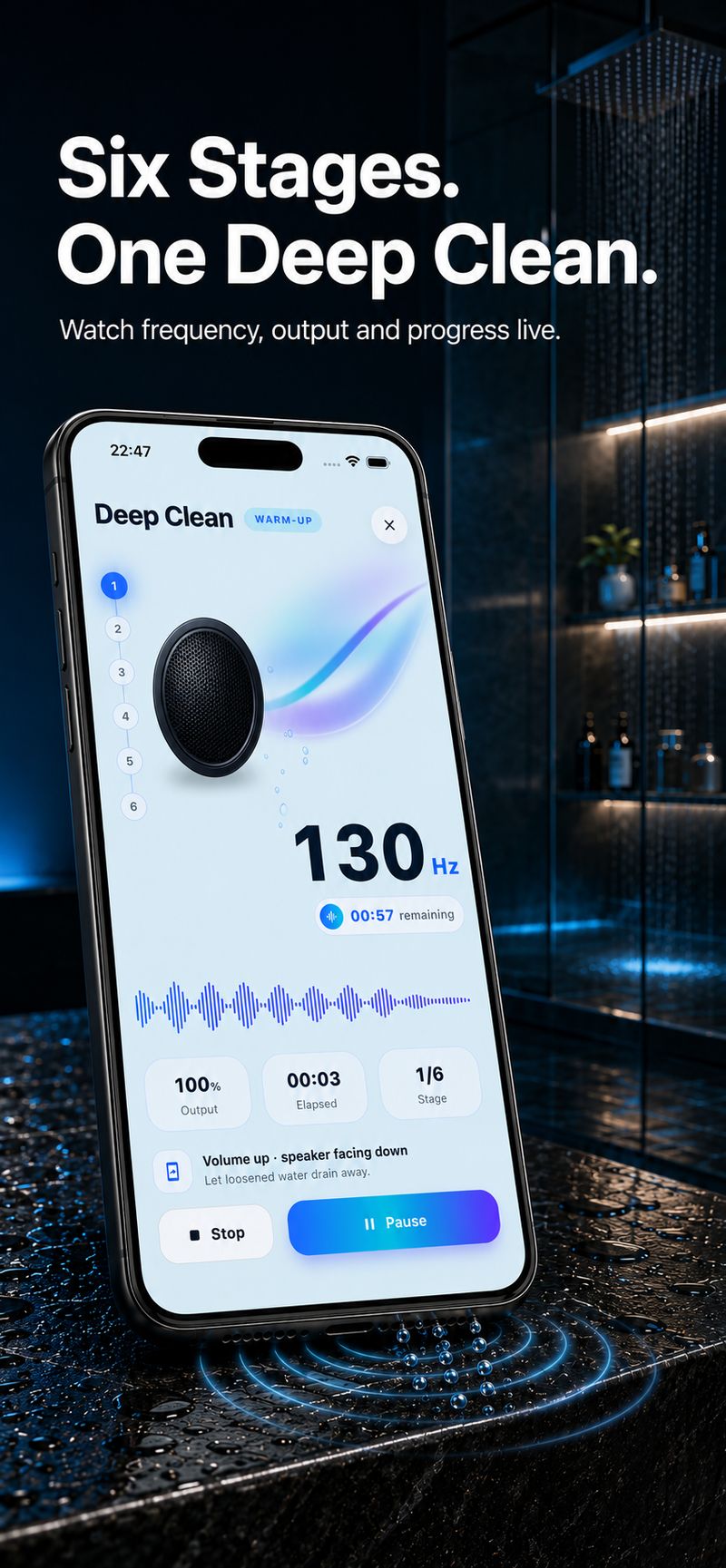 AquaDry Deep Clean running its six-stage program at 130 Hz with a live waveform, output level, elapsed time and stage counter
