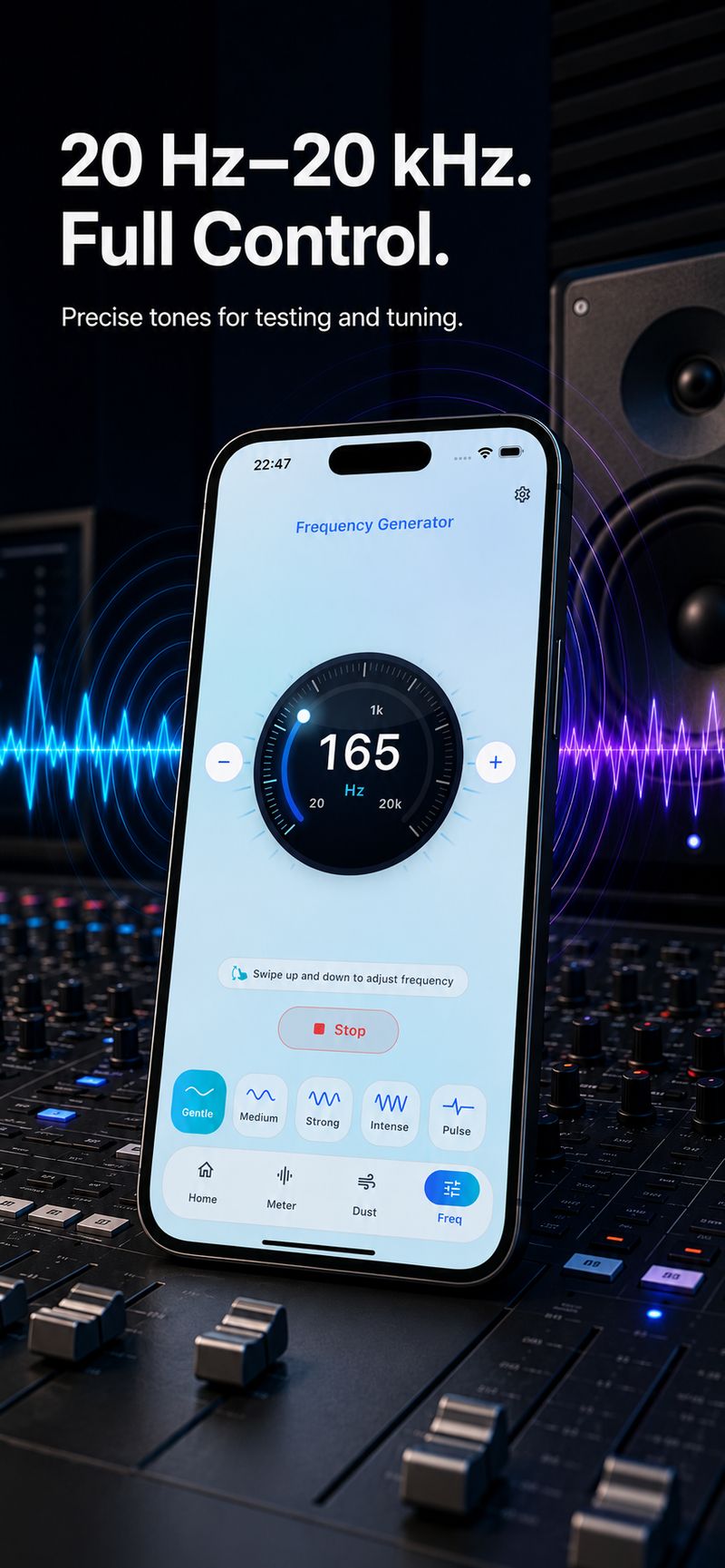 AquaDry Frequency Generator with a tuner dial for any tone from 20 Hz to 20 kHz and gentle, medium, strong, intense and pulse presets