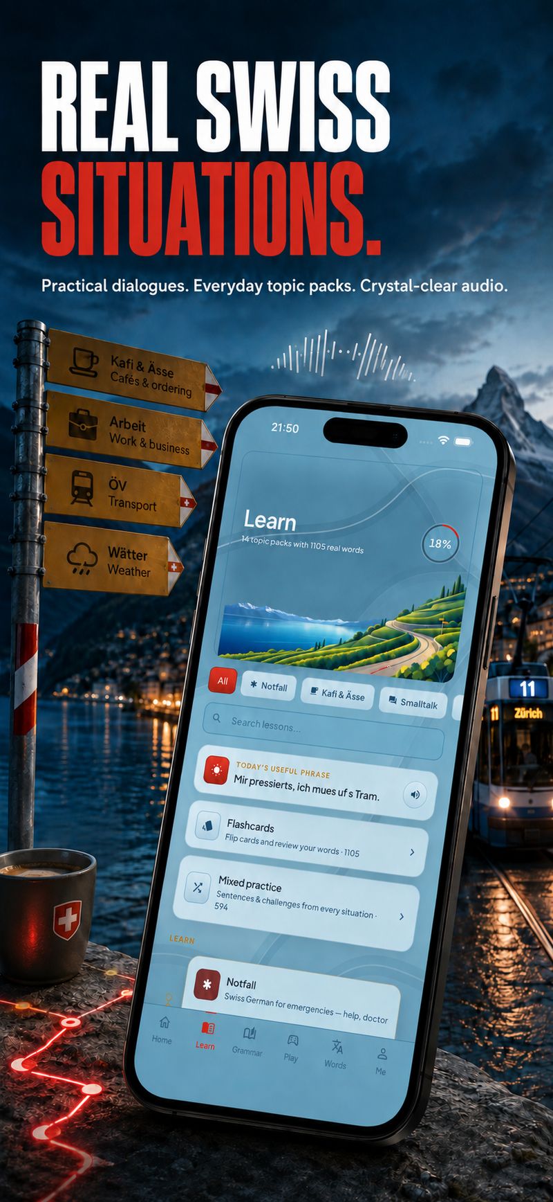 HelveTalk Learn screen with real-life Swiss situation packs — café & ordering, work, transport, weather — plus dialogues, flashcards and mixed practice