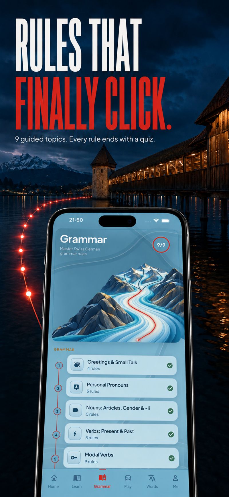 HelveTalk Grammar screen with 9 guided topics, from greetings and pronouns to verbs and modal verbs, each ending in a quiz