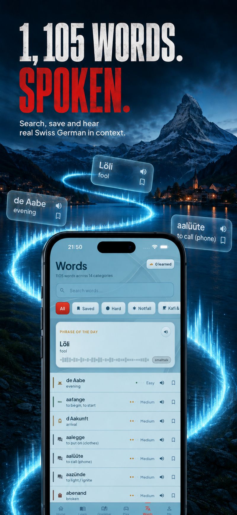 HelveTalk Words library with 1,105 spoken Swiss German words across 14 categories, searchable and saveable with audio