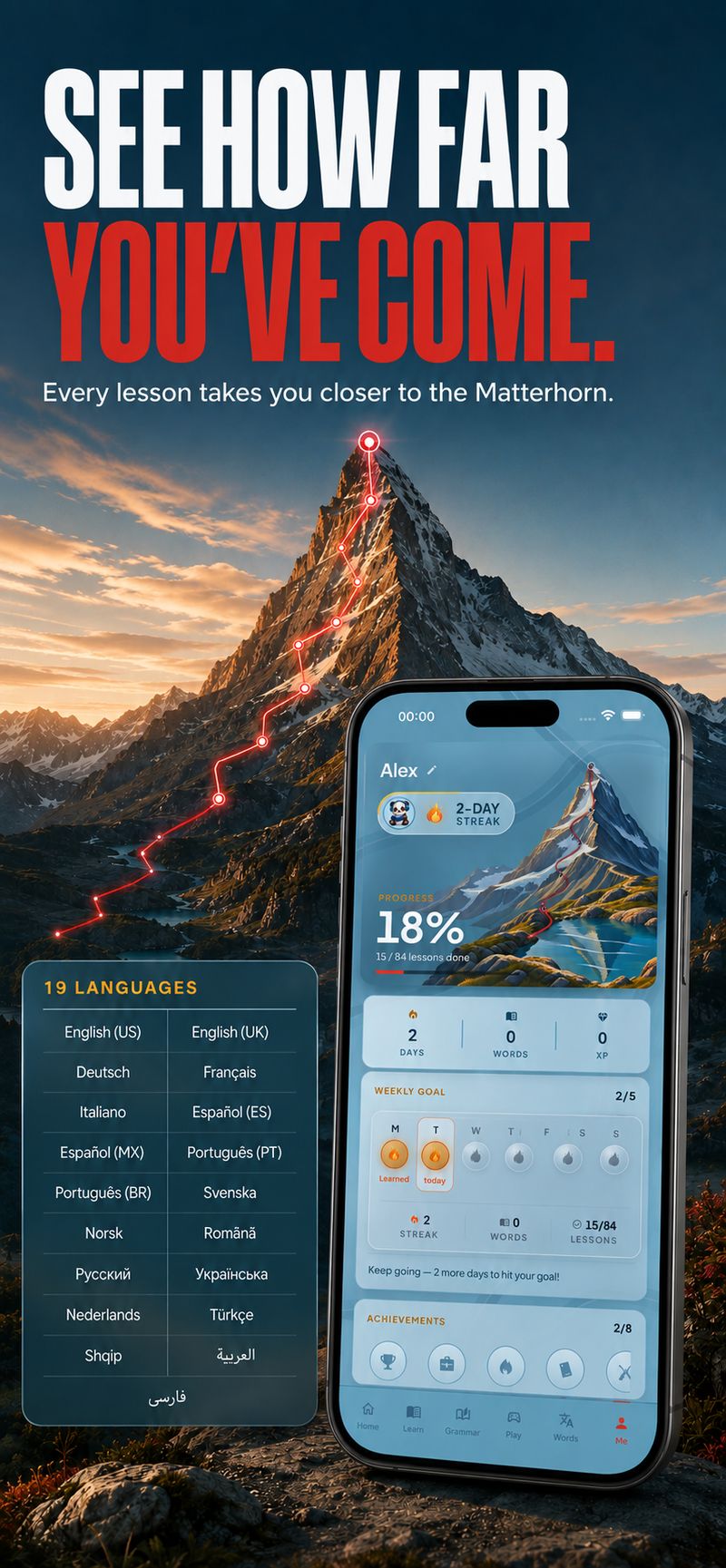 HelveTalk progress screen showing 18% toward the Matterhorn, weekly goal, achievements and 19 supported interface languages