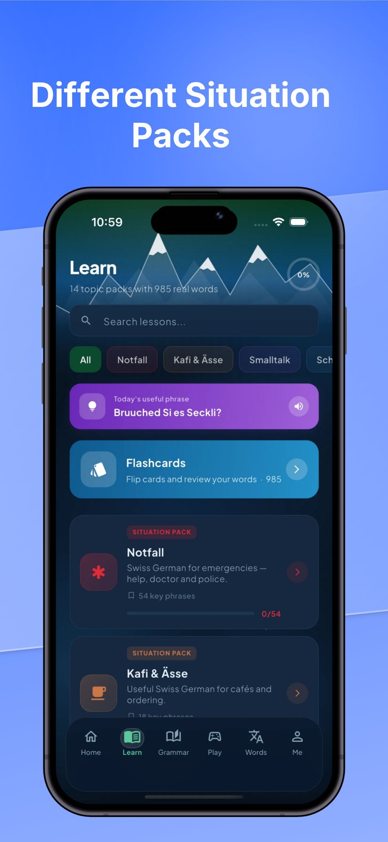 HelveTalk Learn screen with different real-life situation packs and topic lessons