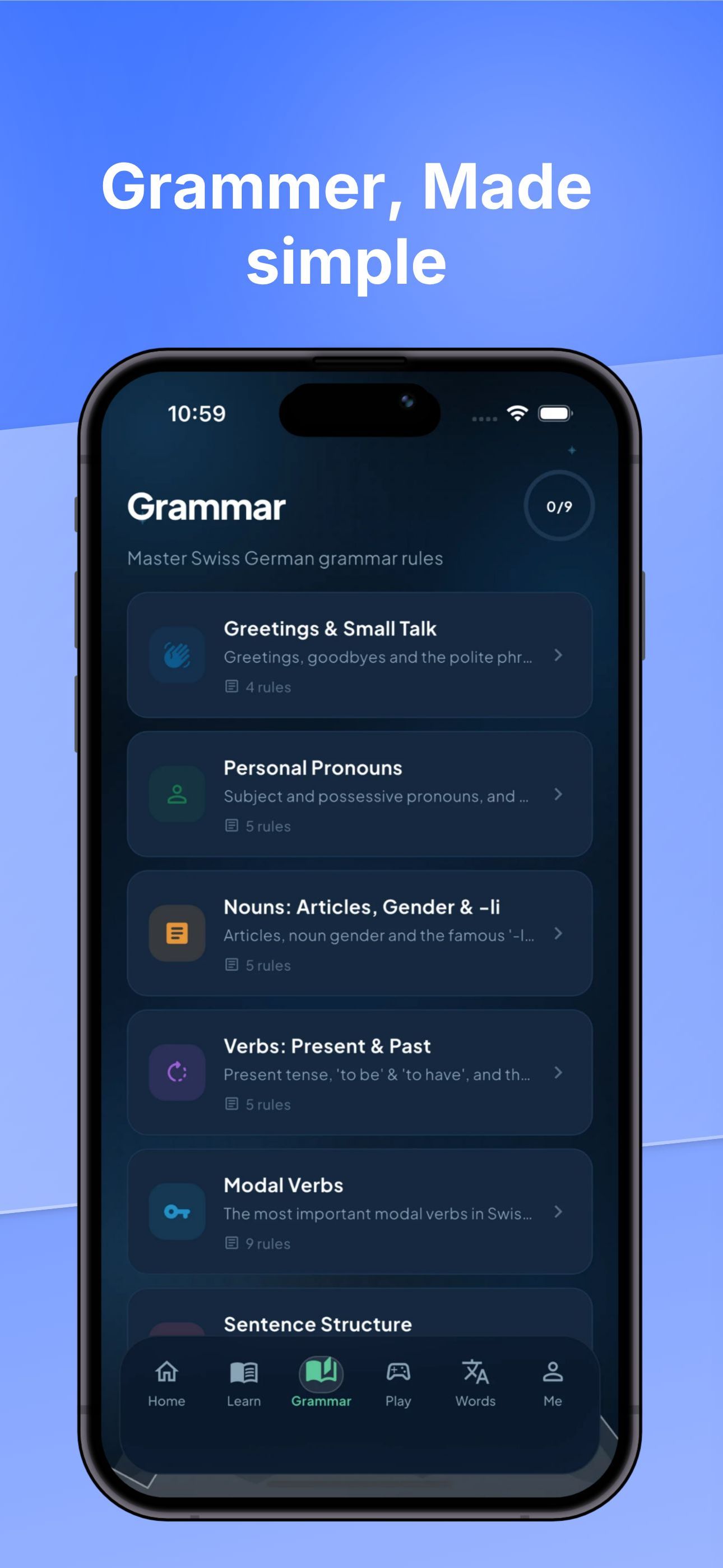 HelveTalk grammar lessons made simple, organised by clear topics and rules