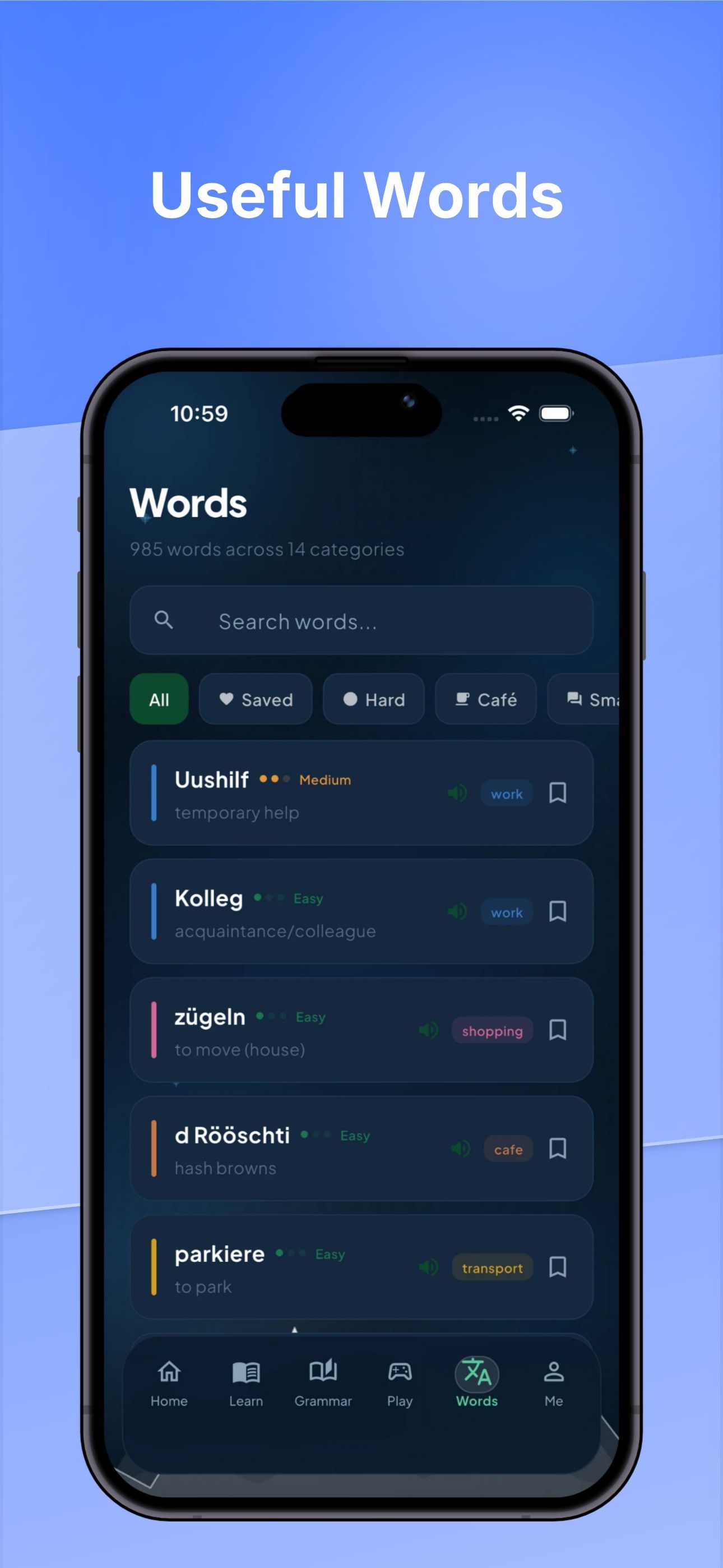 HelveTalk word library with 985 useful Swiss German words across 14 categories