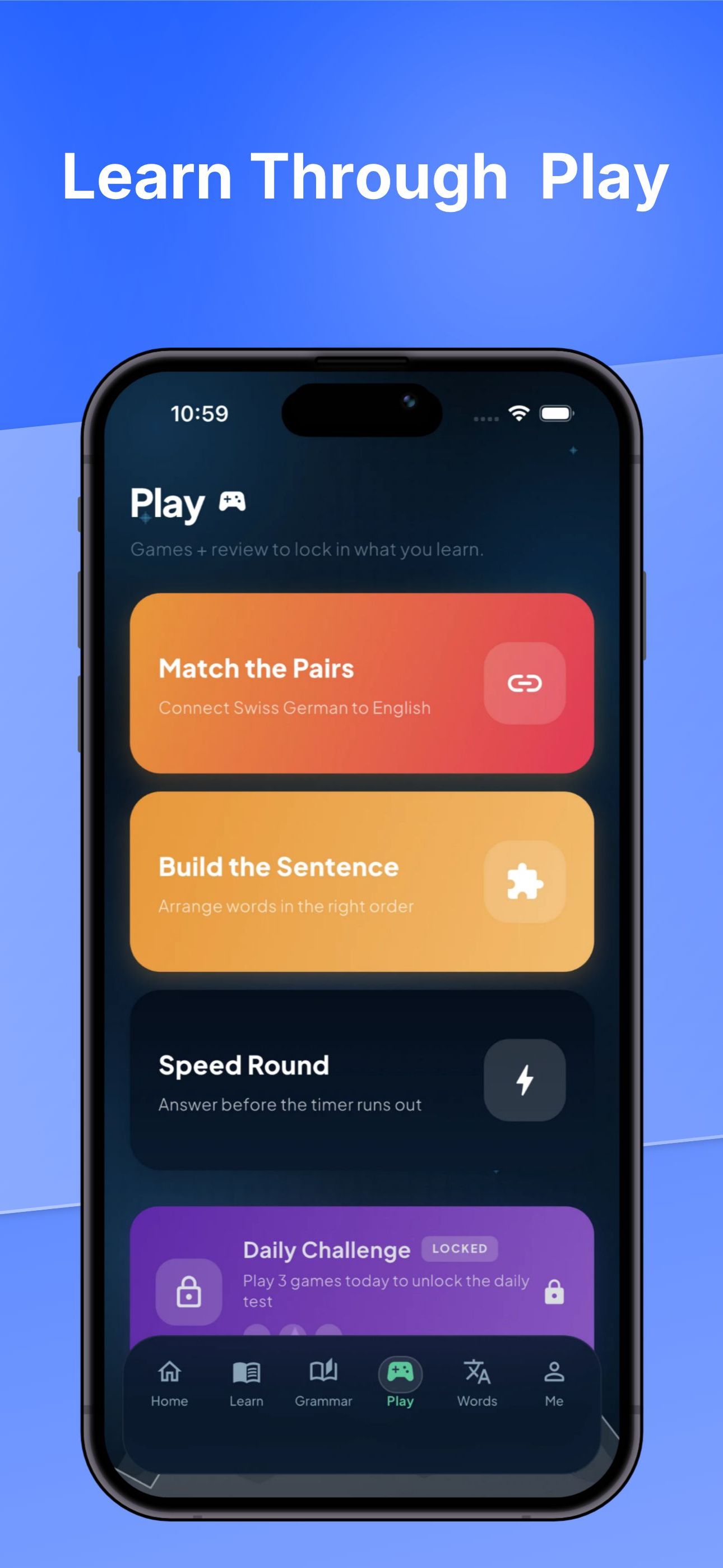 HelveTalk learn-through-play games like Match the Pairs and Build the Sentence
