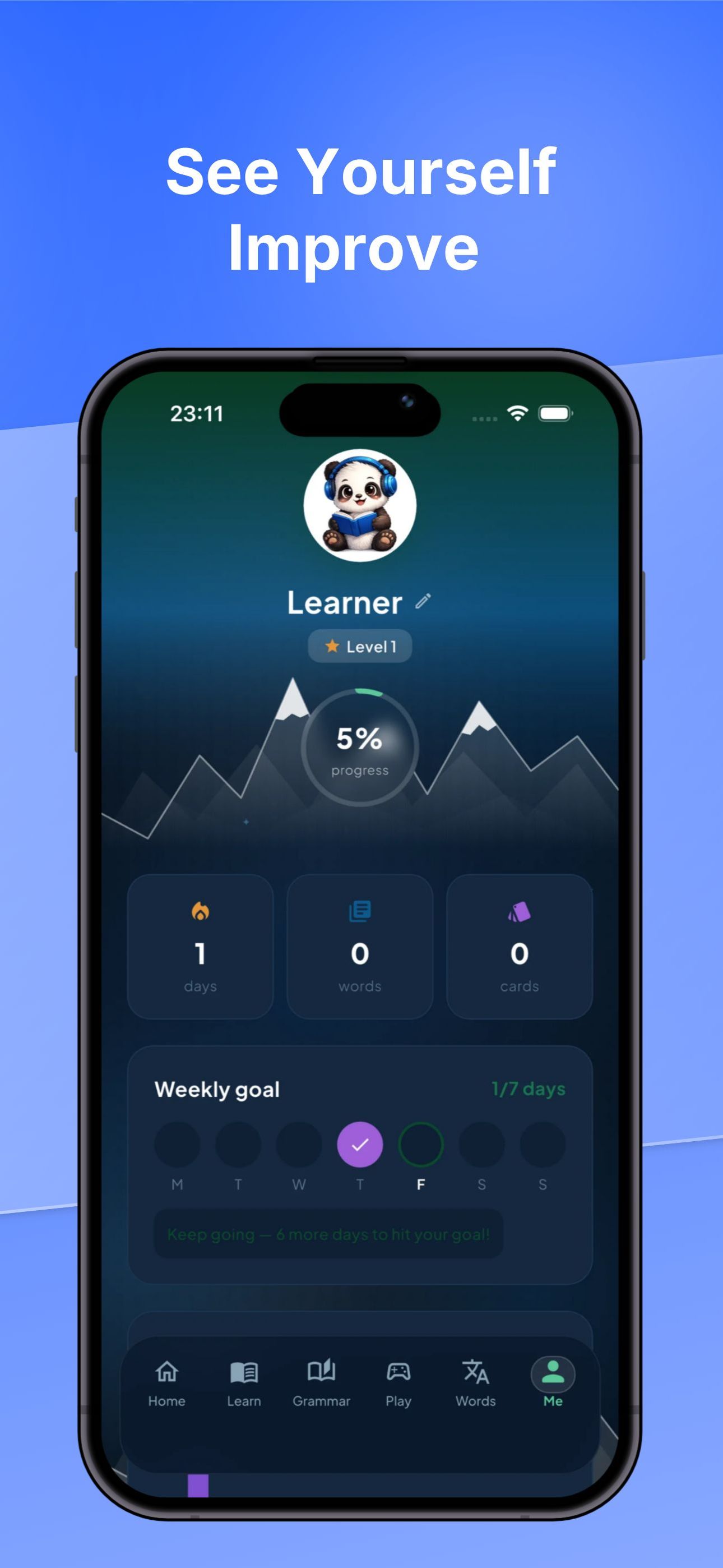 HelveTalk progress profile showing streak, weekly goal and level improvement