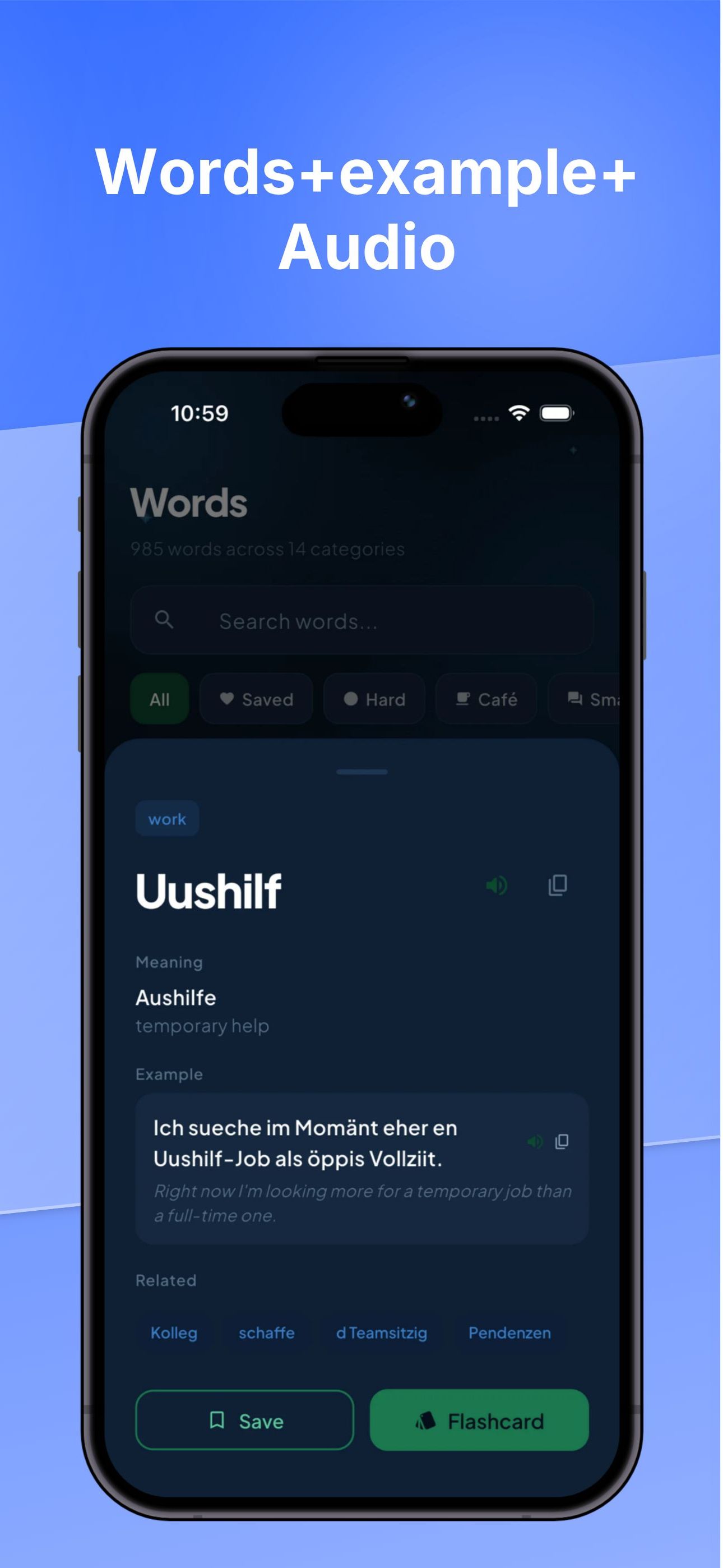 HelveTalk word detail with meaning, example sentence and audio pronunciation