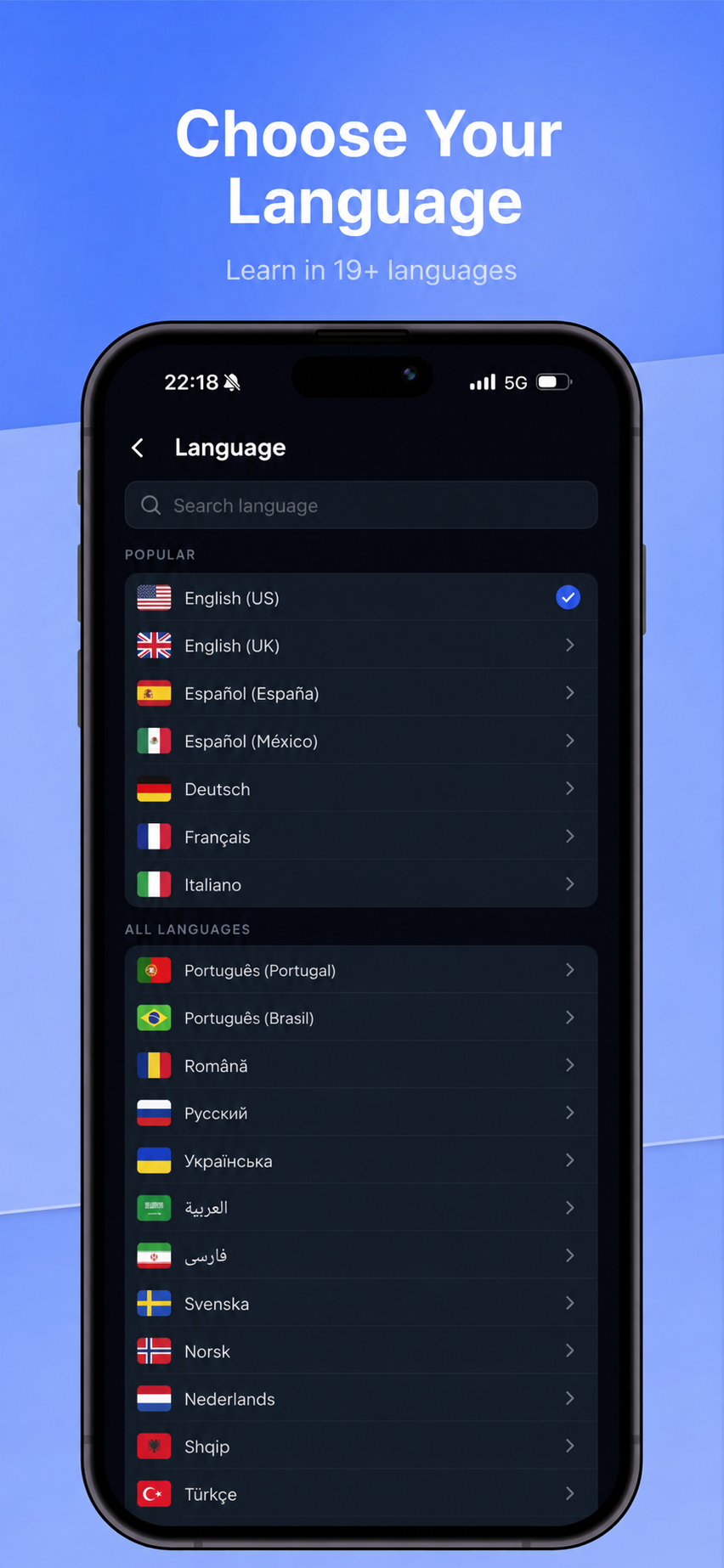 HelveTalk settings letting you learn in 19+ interface languages with light and dark themes