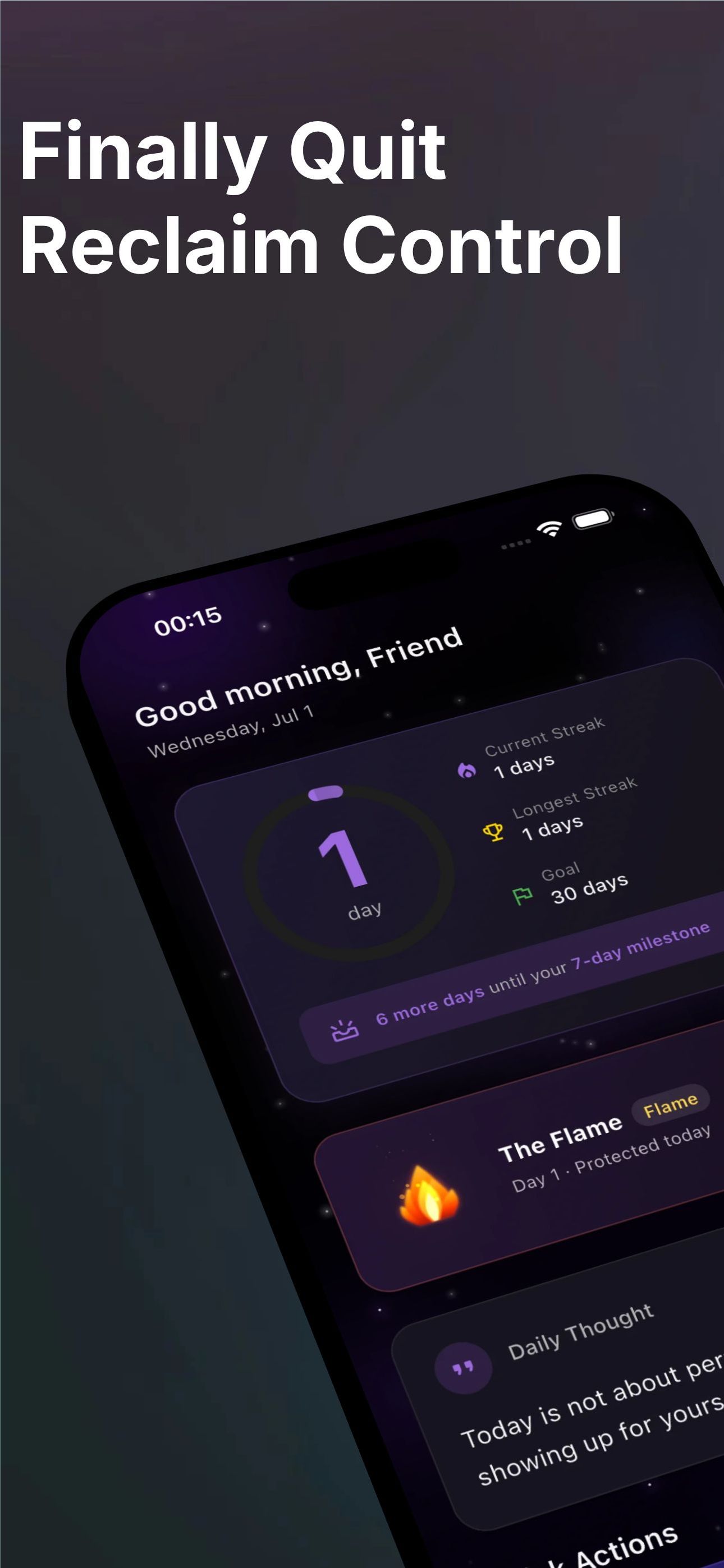 Resetra home dashboard showing your current streak, longest streak and daily goal