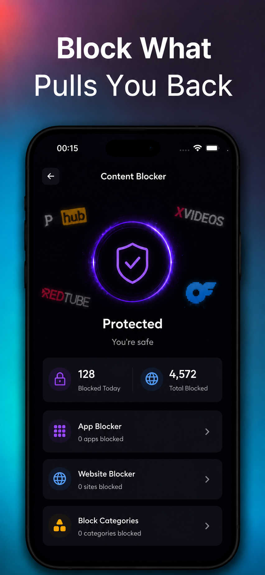 Resetra content blocker actively protecting you, blocking adult sites with blocked-today and total-blocked counts