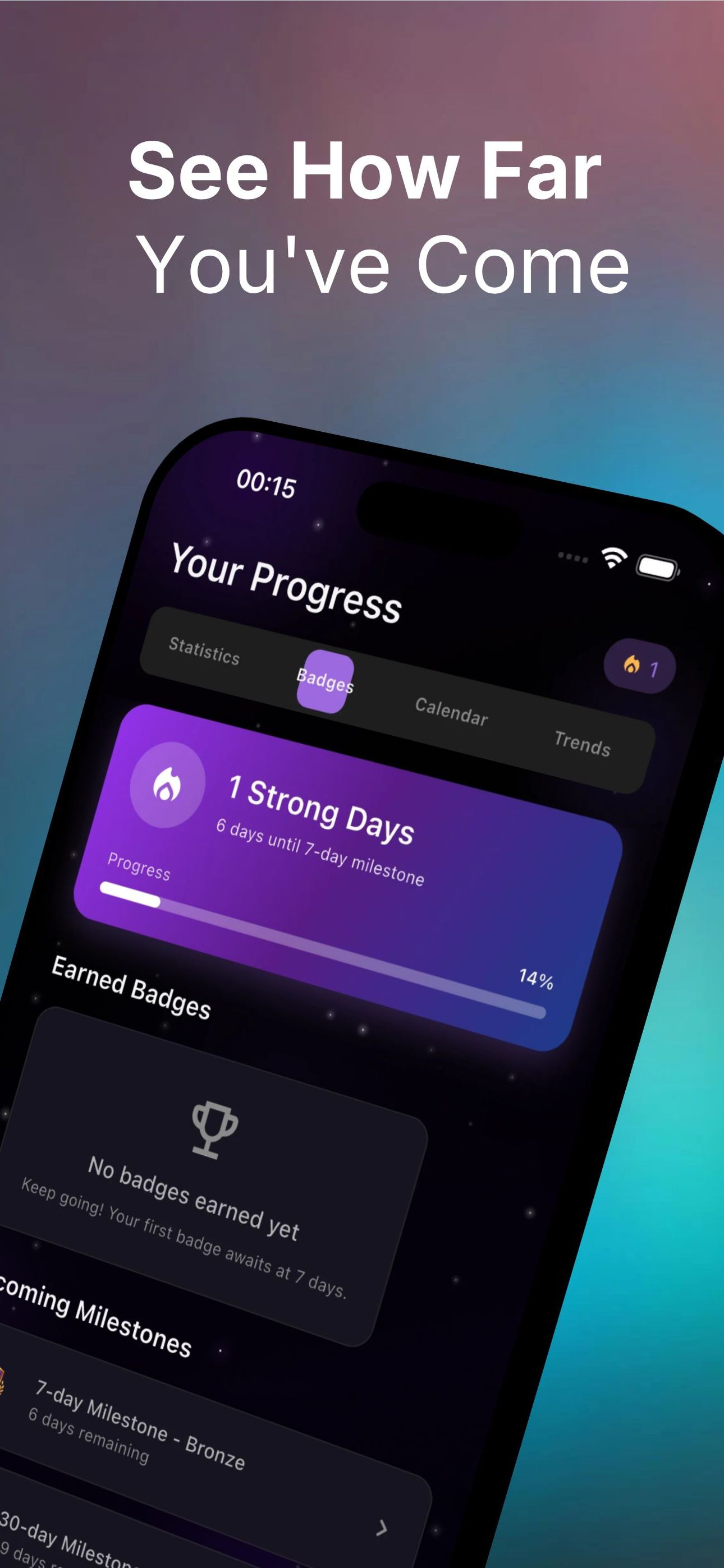 Resetra progress screen with strong-day badges, milestones and streak trends