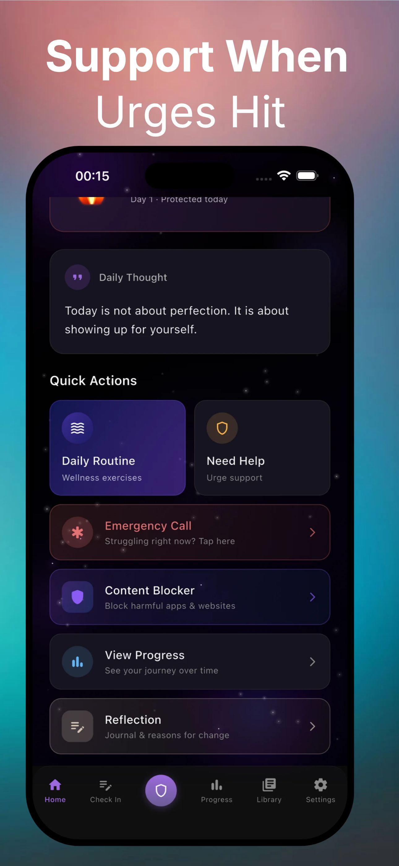 Resetra quick actions with daily routine, urge support, emergency call and content blocker