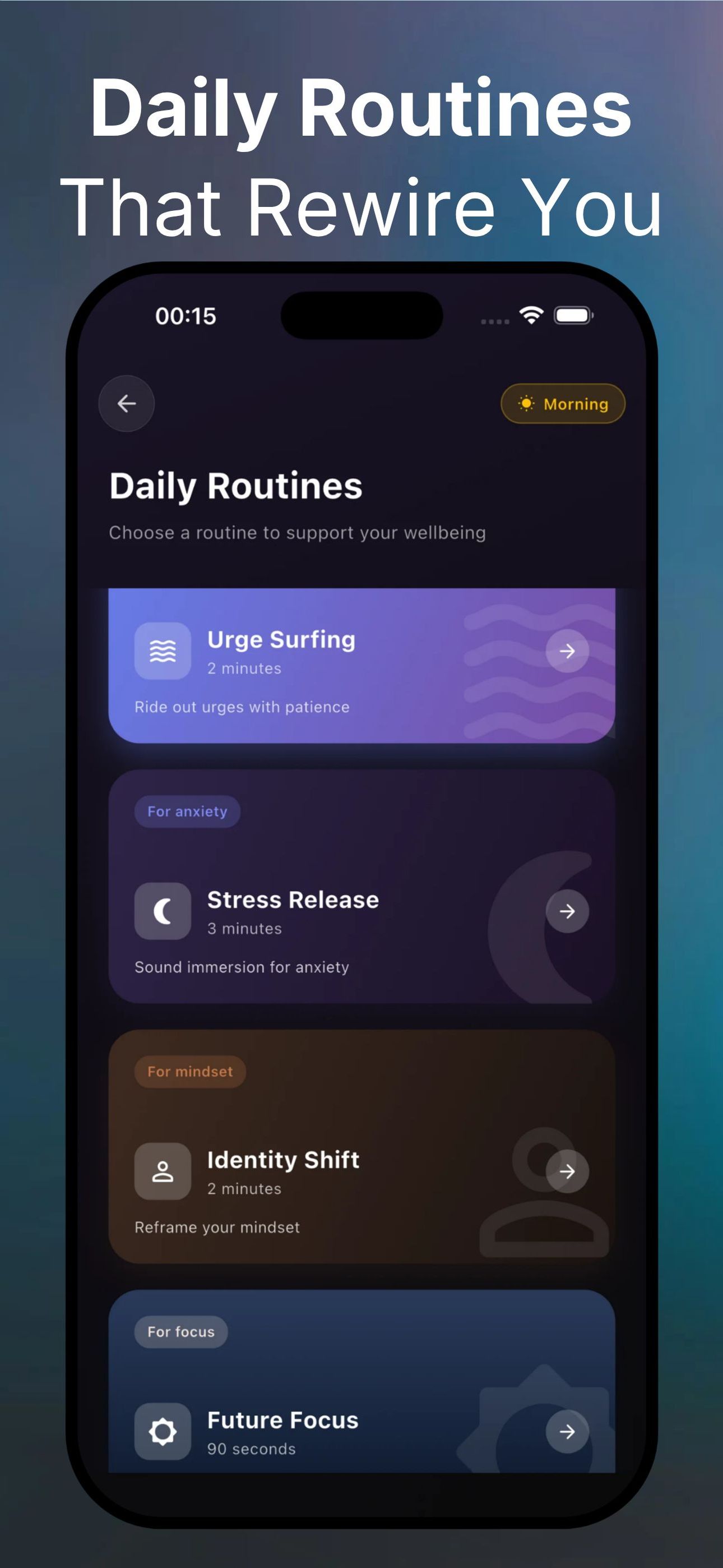 Resetra daily routines like urge surfing, stress release and identity shift