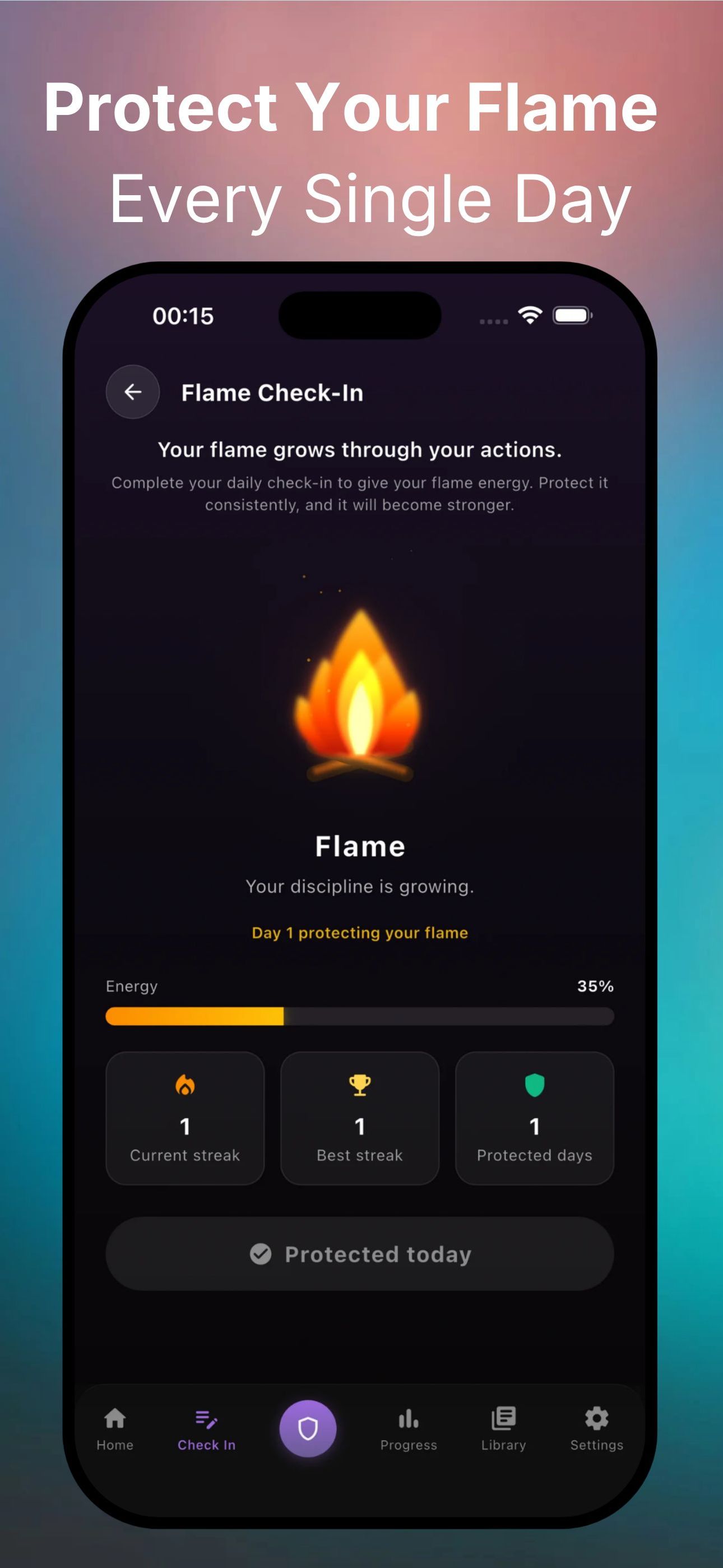 Resetra flame check-in that grows your discipline as you protect it each day