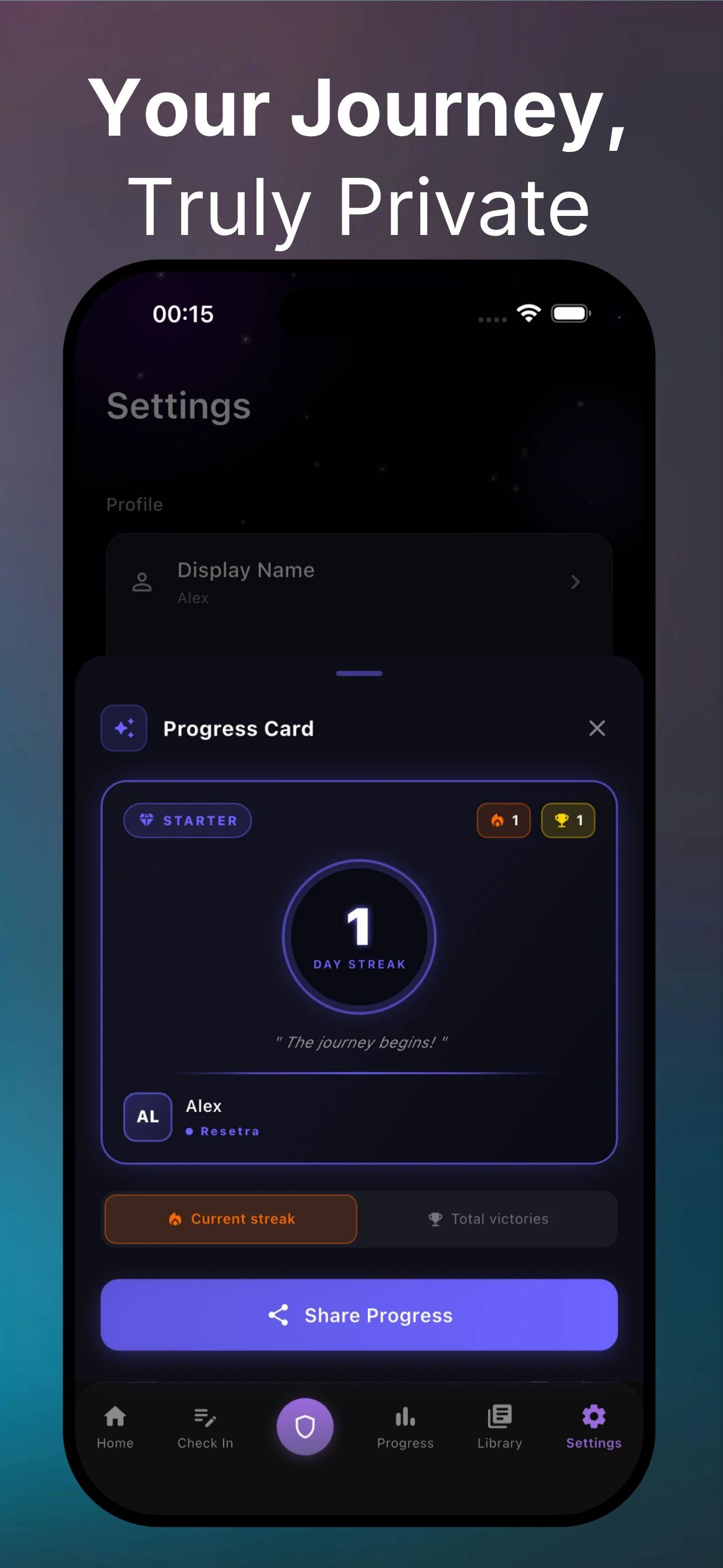 Resetra private settings with a shareable progress card that keeps your journey confidential