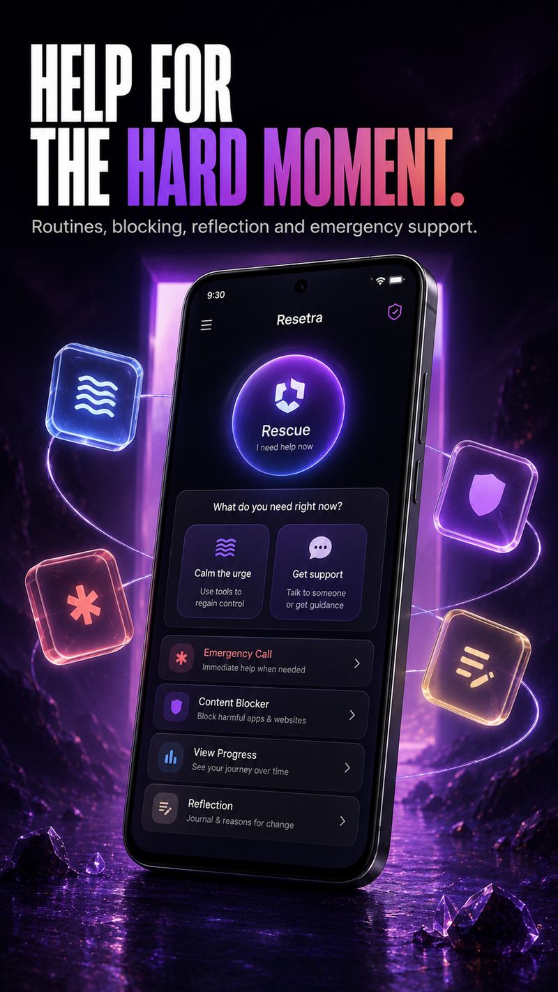 Resetra Rescue screen offering help in the hard moment — calm the urge, get support, emergency call, content blocker, progress and reflection