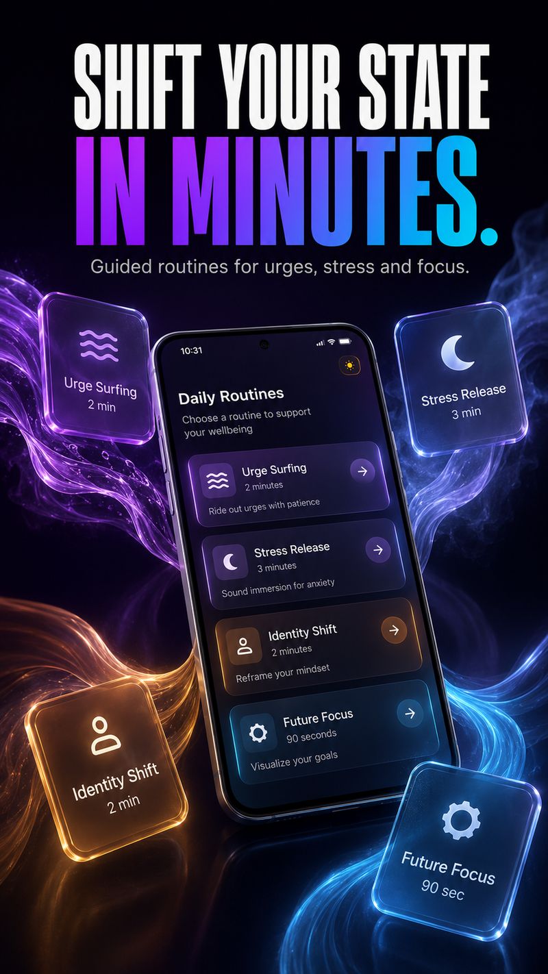 Resetra Daily Routines with guided sessions for urges, stress and focus — urge surfing, stress release, identity shift and future focus