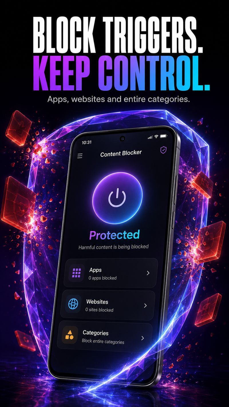 Resetra Content Blocker showing protected status while blocking harmful apps, websites and entire categories