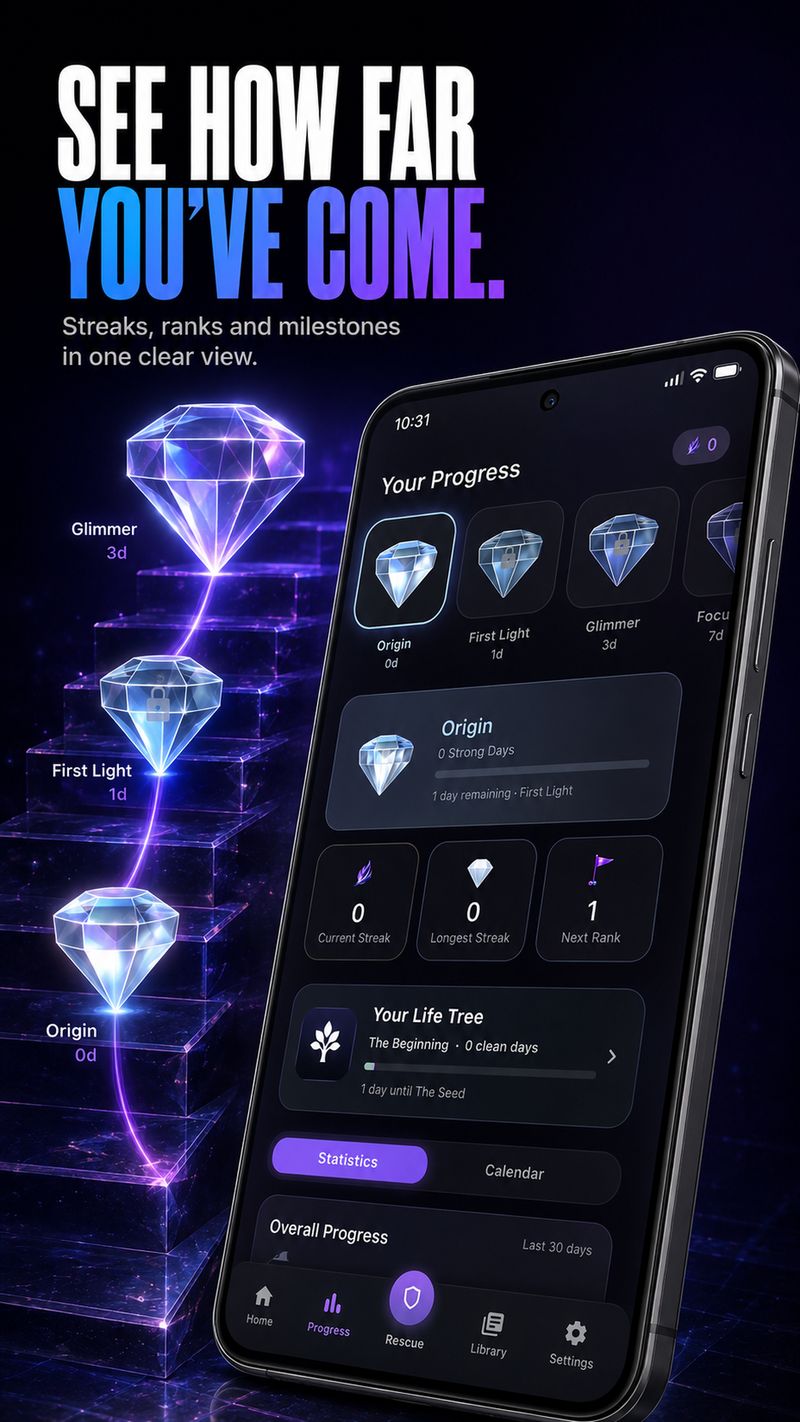 Resetra progress screen with diamond ranks — Origin, First Light, Glimmer, Focus — your Life Tree, streaks and statistics
