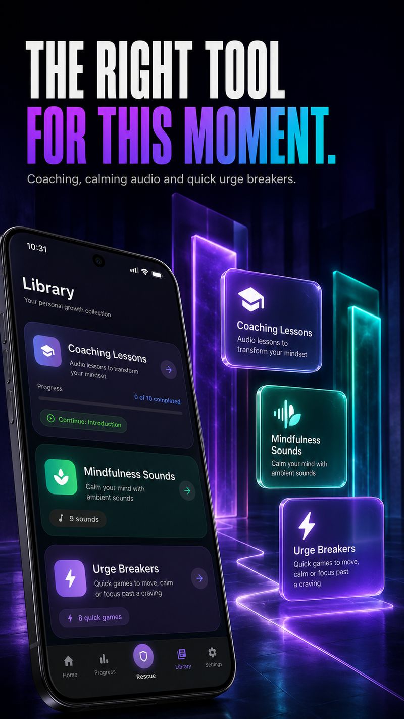 Resetra Library with coaching lessons, mindfulness sounds and quick urge-breaker games for personal growth